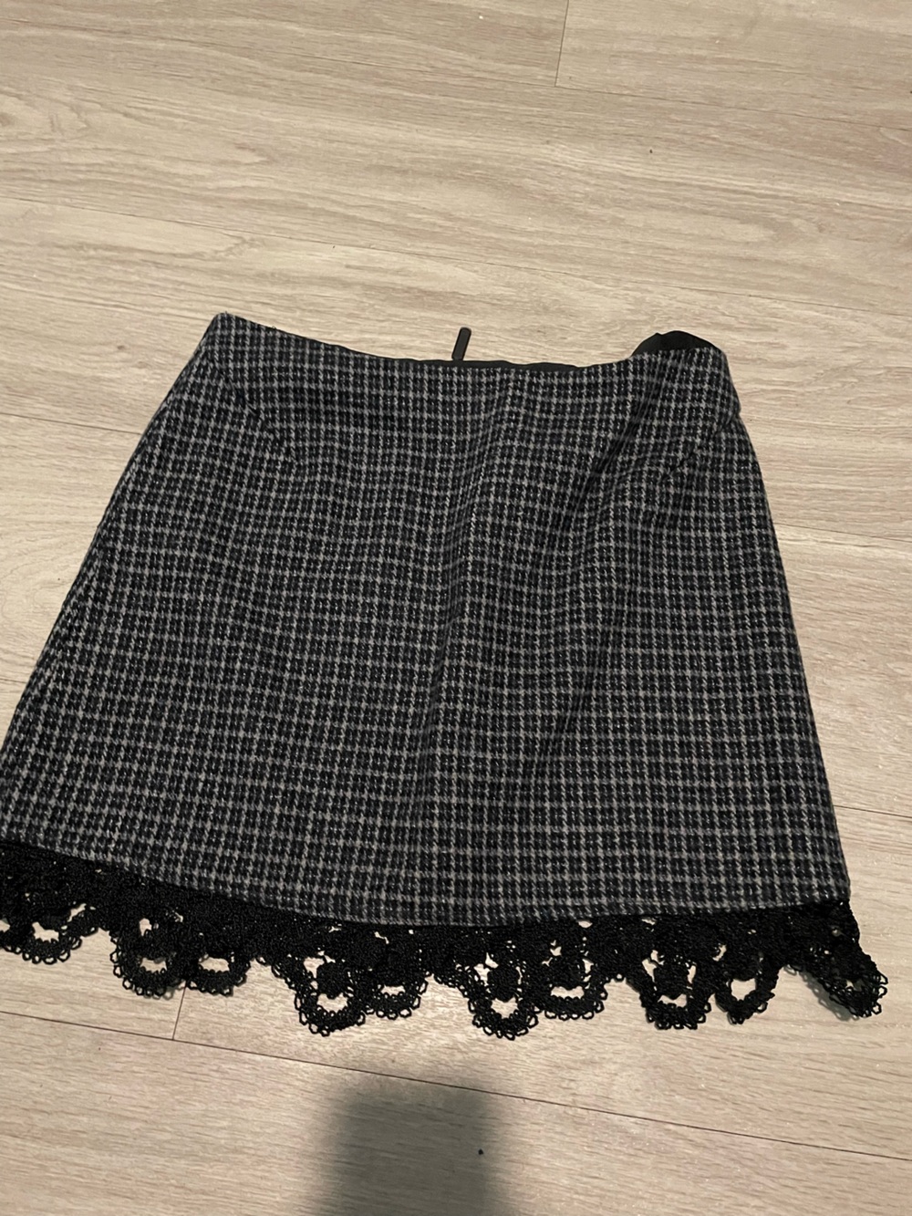 Topshop Black & Gray Houndstooth Mini Skirt with Crochet Trim